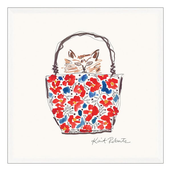 Kait Roberts Framed Cat in Red Floral Purse Handpainted Wall Art, 13"