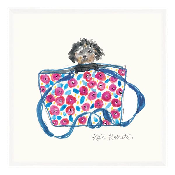 Kait Roberts Hand Painted Dog in Blue Floral Purse Framed Wall Art, 13"