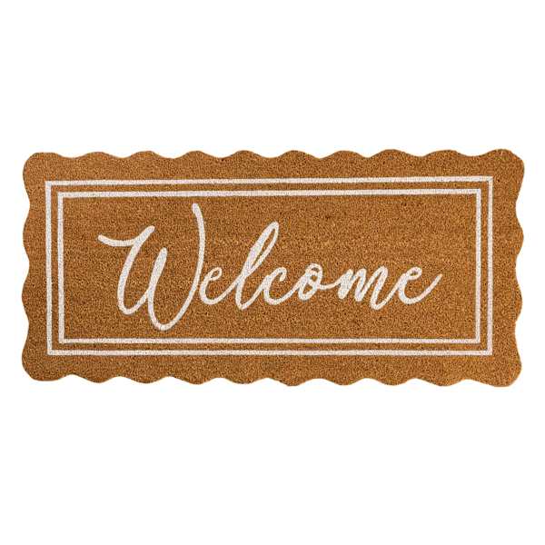 White & Natural Scalloped Welcome Coir Mat, 22x47