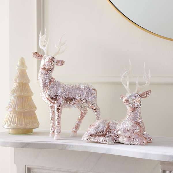 Pink Sequin Deer with White Glass Tree 3-Piece Set