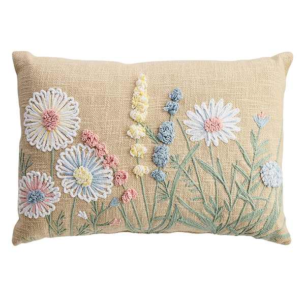 Easter Floral Embroidered Slub-Textured Throw Pillow, 14x20