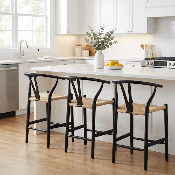 Set of 3 Denise Wishbone Black Wooden Counter Stool