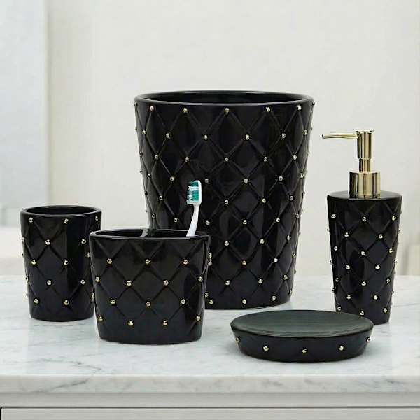 Providence 5-Piece Black & Gold Quilted Ceramic Stud Bathroom Set