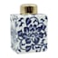 Blue Ceramic Floral Jar with Golden Lid, 7"
