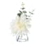 White Dahlia & Eucalyptus Floral Arrangement in Glass Vase, 10"