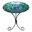 Blue & Green Mosaic Tile Glass Outdoor Birdbath with Folding Metal Stand, 21"