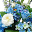 Blue & White Zinnia, Hydrangea & Rose Arrangement in Ceramic Pot, 21"