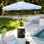 Chambray & White Cabana Stripe Scallop Crank & Tilt Round Patio Umbrella, 9'