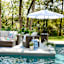 Chambray & White Cabana Stripe Scallop Crank & Tilt Round Patio Umbrella, 9'