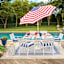 Providence Navy Blue Awning Stripe Outdoor Wicker Seat Cushion