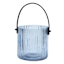 Blue Ribbed Glass Lantern with Black Leather Handle, 4.7"