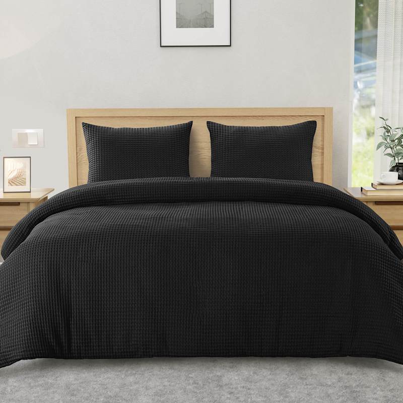 Crosby St. 3-Piece Black Waffle Cotton Comforter Set, Full/Queen