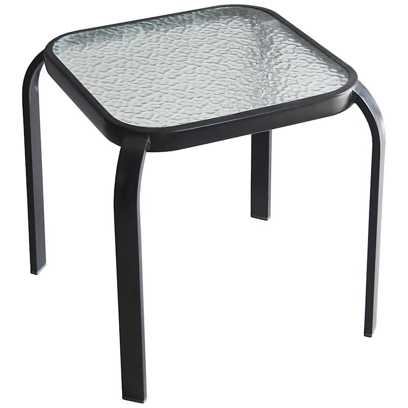 Black Steel Outdoor End Table With, Glass Top Patio Tables