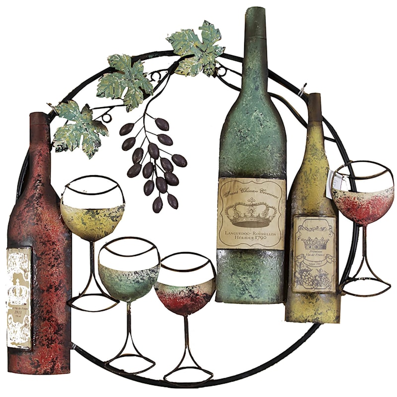 25x26 Wine Bottle Round Metal Wall Decor At Home - Wine Glass Metal Wall Art