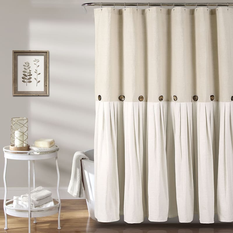 Natural Faux Linen Pleated Shower Curtain With Buttons 72X72 At Home