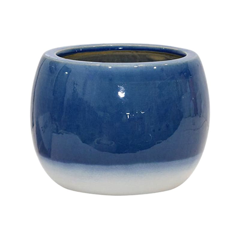 6in Indoor Ceramic 2 Tone Navy Blue White Glazed Ball Shape Pot At Home