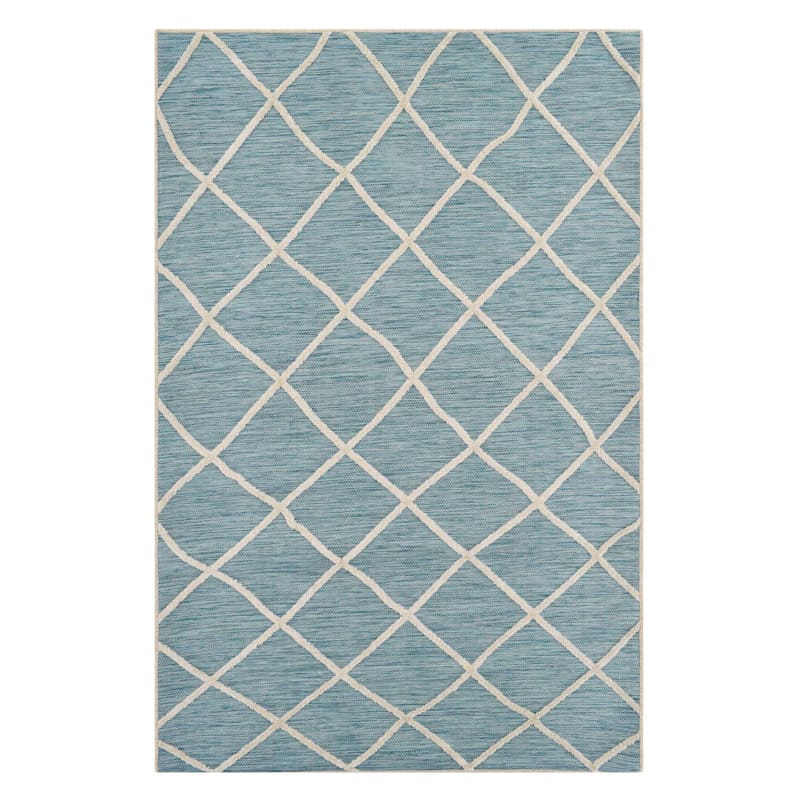 (E282) Aqua & Cream Flatweave Outdoor Soft Moroccan Style Design Rug