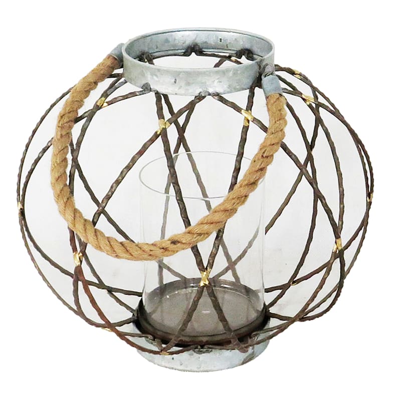 Metal & Glass Ring Lantern with Rope Handle, 12"