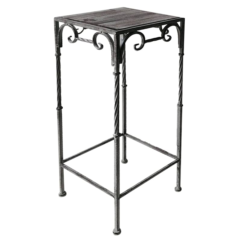 Square Wood Top Plant Stand With Rustic Twist Metal Leg, Medium