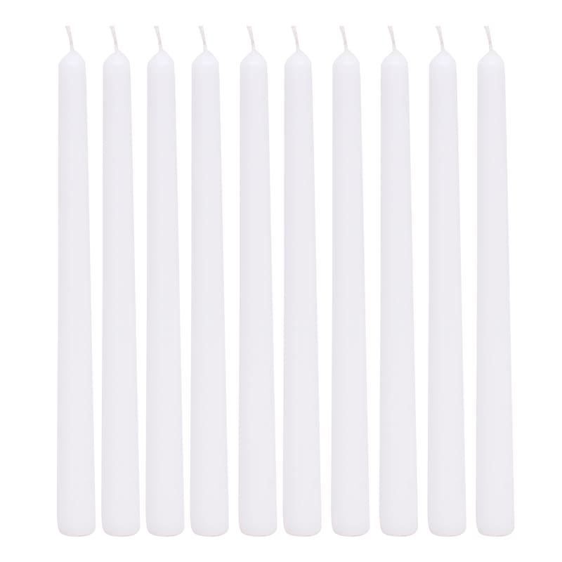 10-Pack White Unscented Taper Candles, 10.5"