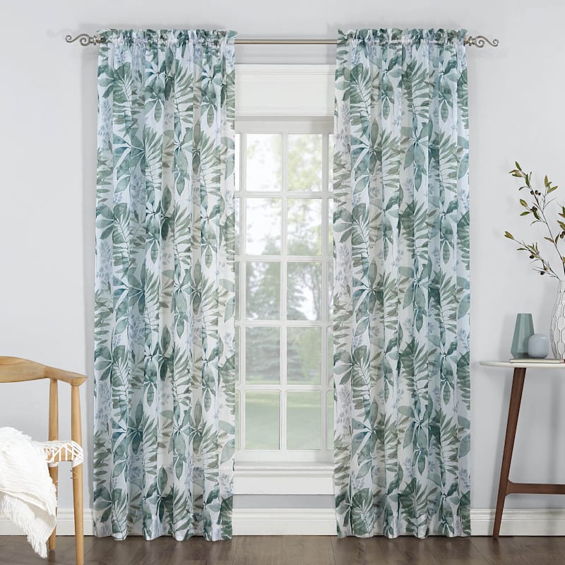 Savoy White Foliage Print Crushed Sheer, Teal Sheer Curtains 96 Inches Long