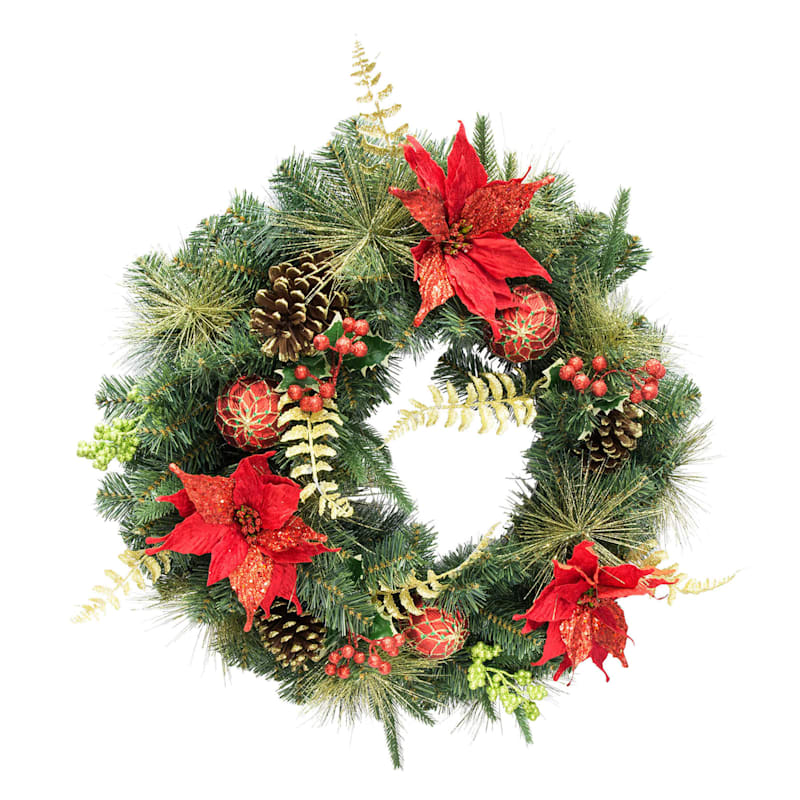 Glitter Poinsettia, Ornament & Pine Wreath, 24"