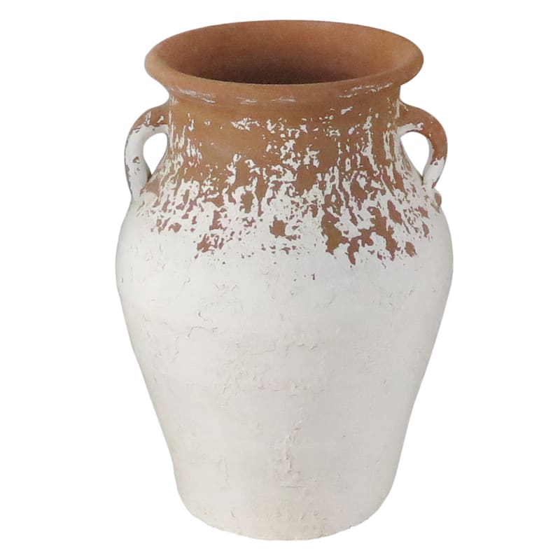White & Brown Porcelain Vase with Handles, 15"