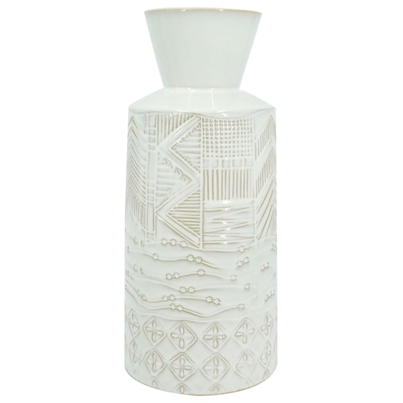 White Ceramic Tribal Vase, 12.5"