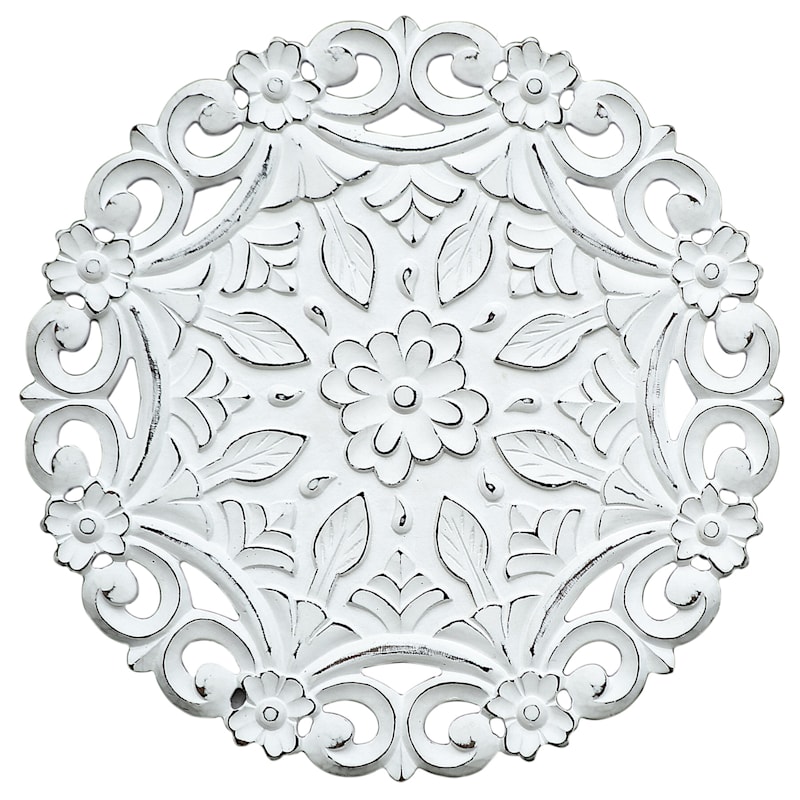 Hand Carved White Wooden Ornate Panel Wall Decor, 16"