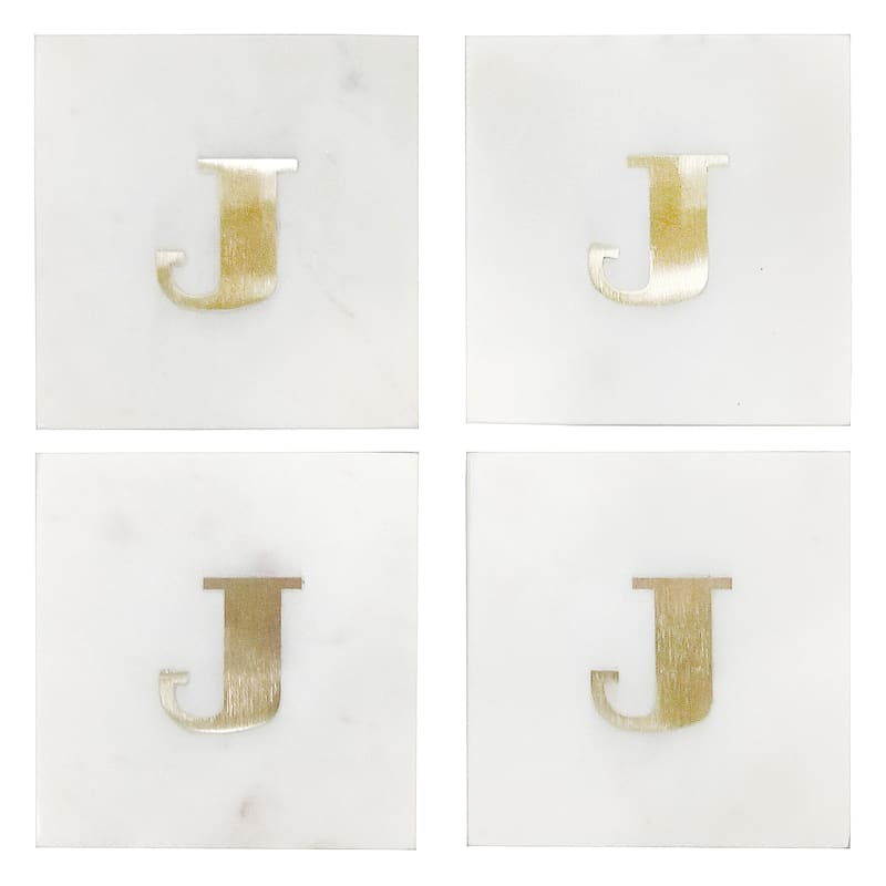 White Marble/Brass J Monogram Coaster Set Of 4