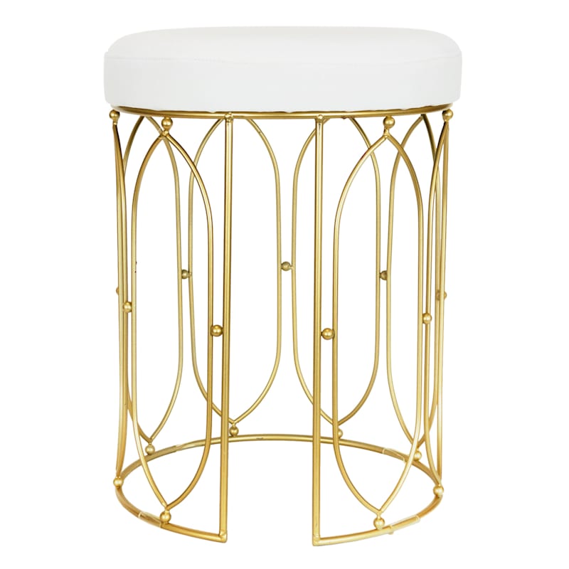 Arca Glazed Gold Wire Vanity Stool/Padded White Faux Leather Seat