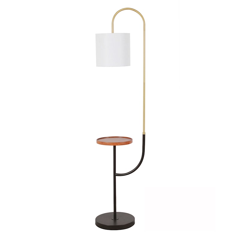 Black & Brass Floor Lamp with Shelf & White Fabric Drum Shade, 59"