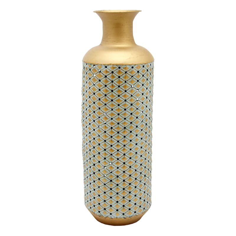 Green & Gold Punched Metal Vase, 23.5"