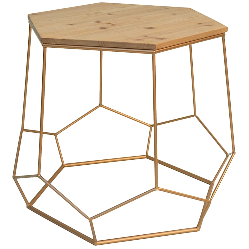 Wooden Top Hexagon Table with Gold Metal Base, Large