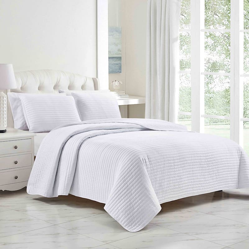 3Piece White Striped Quilt Set, Queen
