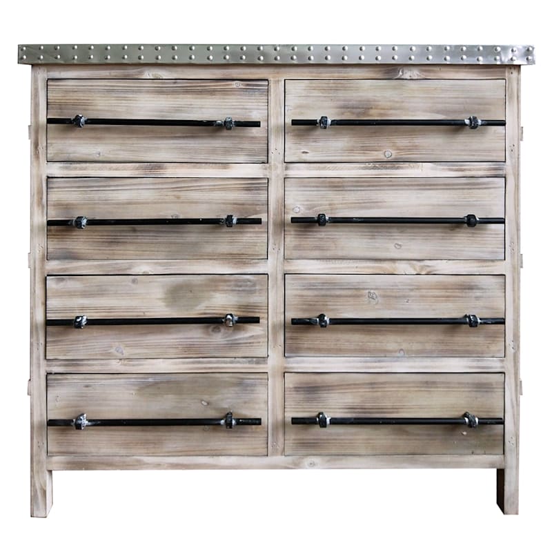 8 Drawer Metal Top Antique Wood Cabinet