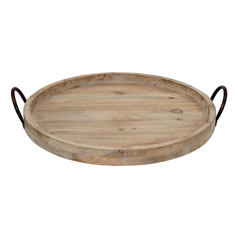 Round Wooden Tray With Metal Handles, Round Wooden Tray With Metal Handles