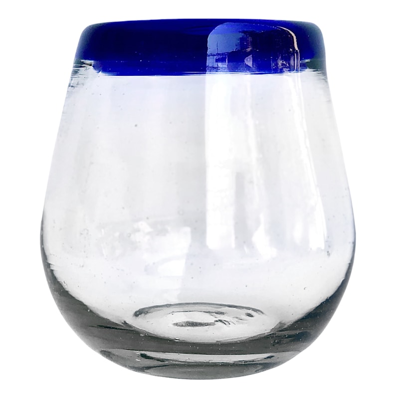 Recycled Glass Stemless Blue Rim Wine Glass