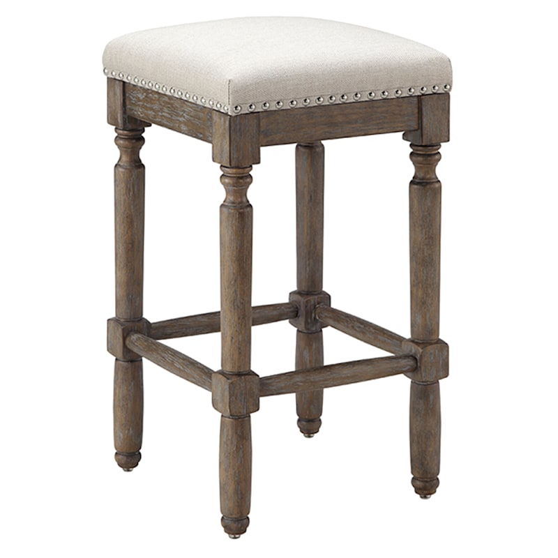Ainsley Upholstered Tan Wood Counter Stool with Nailhead Trim, 26"