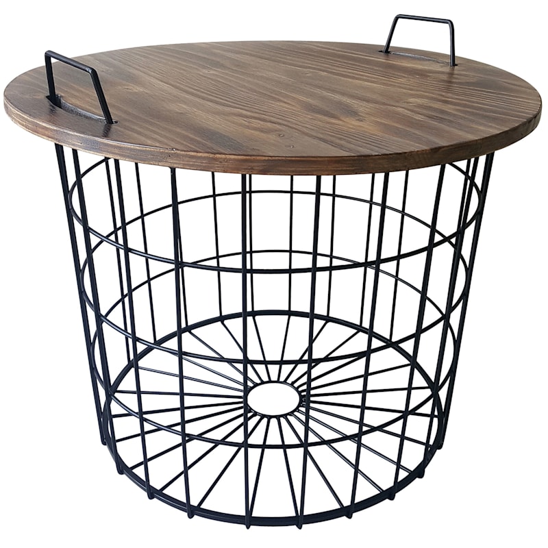 Honeybloom Round Wire Basket Table with Removable Wood Top