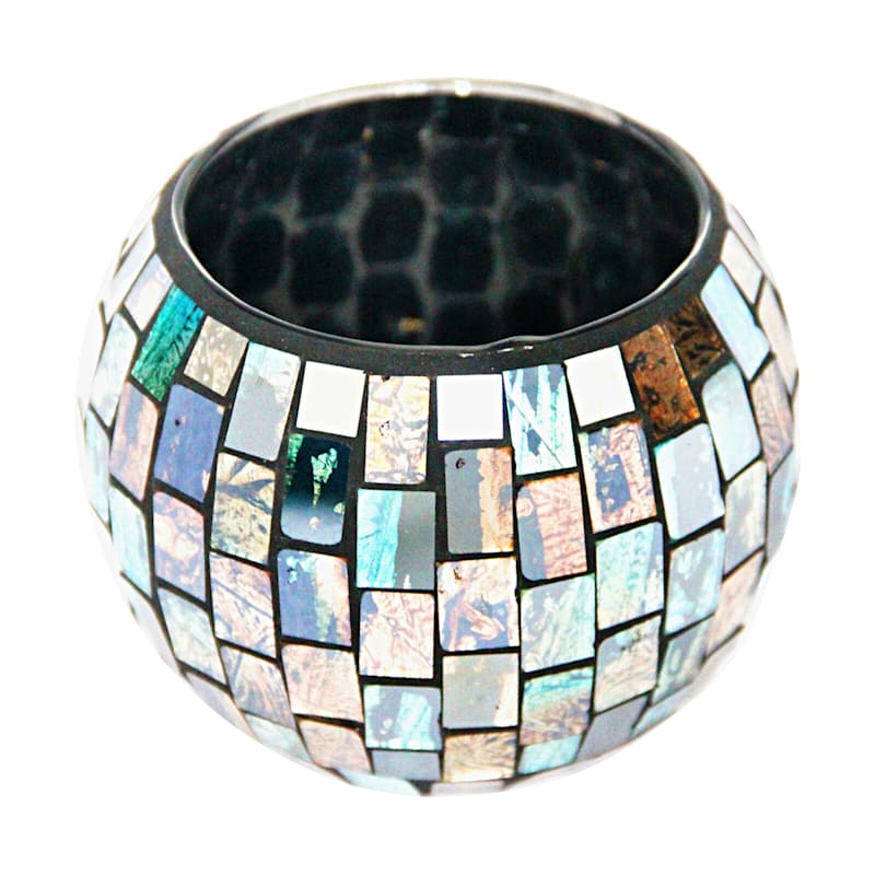 Blue & Amber Brown Mosaic Glass Votive Candle Holder, 3"