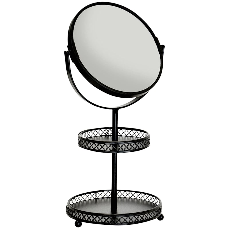 Cari Matte Black Metal Magnifying Mirror with 2-Tier Storage