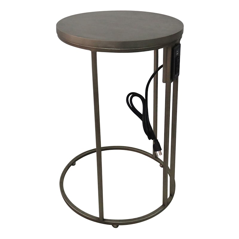 Round Wood-Top Gold Metal C-Table with USB Port, Large