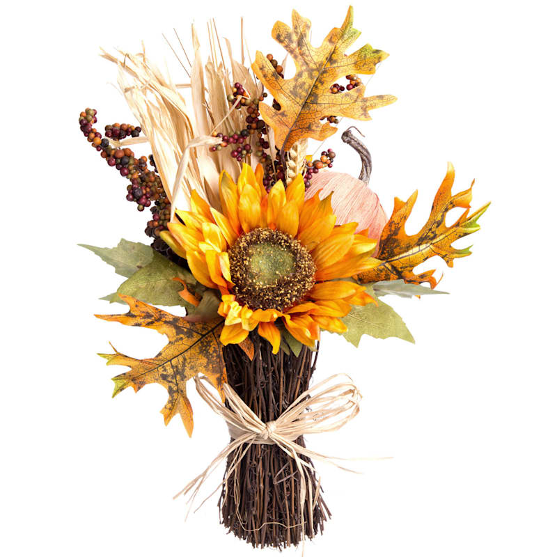 Yellow Sunflower & Ivory Pumpkin Fall Arrangement, 16"