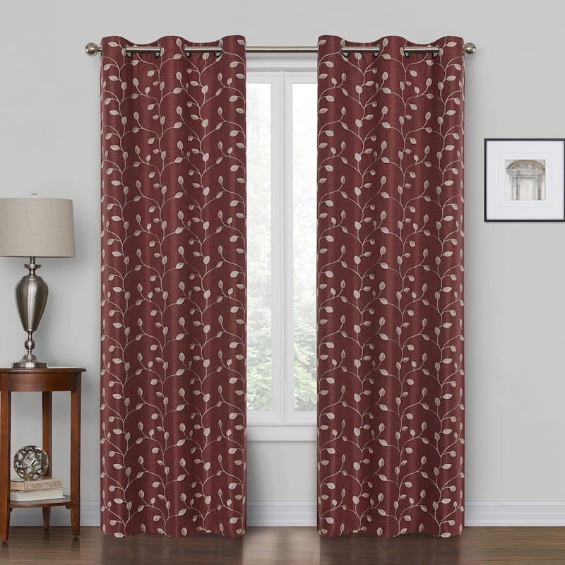 Rockwell Burgundy Embroidered Blackout Grommet Curtain Panel, 84"