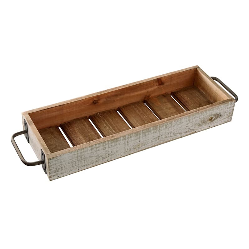 Whitewashed Wooden Tray with Metal Handles, 22x7
