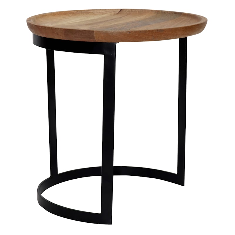 Mango Wood Top Side Table With Metal, Round End Table Wood Top Metal Base