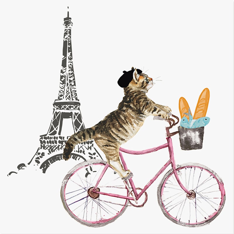 Eiffel Tower with French Cat On Bicycle Canvas Wall Art, 12"