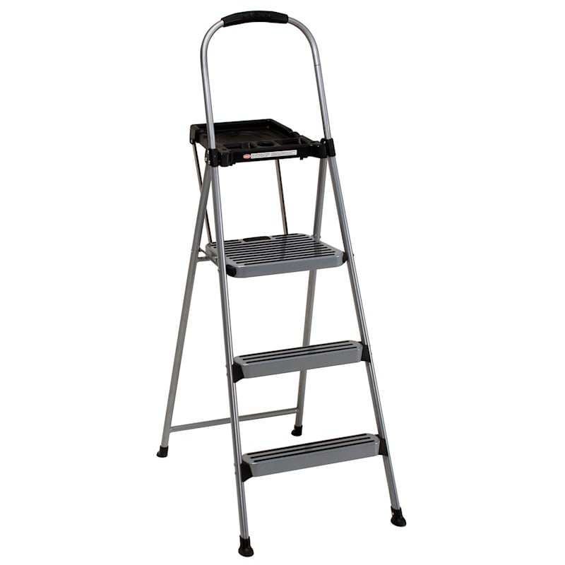 3-Step Grey Metal Step Ladder with Tray