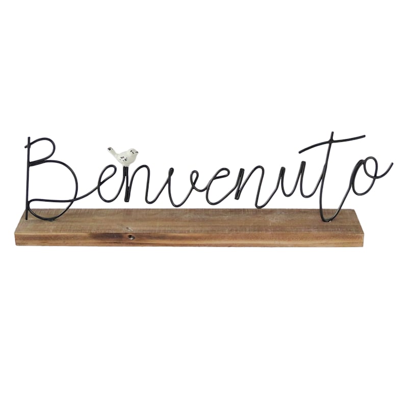 Benvenuto Metal Sign with Wooden Base, 20x6